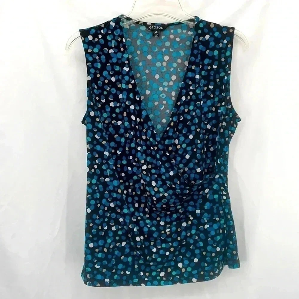 George Surplice Top Women Size M 8-10 Blue Polka Dot Faux Wrap Sleeveless V-Neck